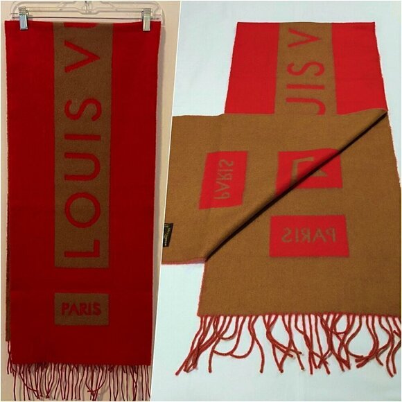 LOUIS VUITTON Logo Scarf Wrap Shawl Cashmere Camel Red Mint Condition - Picture 1 of 10